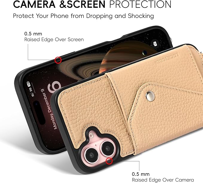LUCKYCOIN Crossbody Wallet Phone Case for iPhone 16 Plus,100% Genuine Leather Wallet Phone Case with Expandable Flip Card Holder,Phone Purse for Women with Adjustable Removable Strap - Pebble Beige