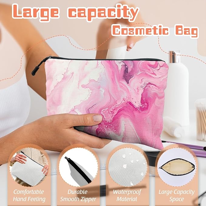 Cosmetic Bags Travel Makeup Toilet Case Waterproof Pouch for Women Girls 6.7X9.45inches - Pink And White Fluid Art