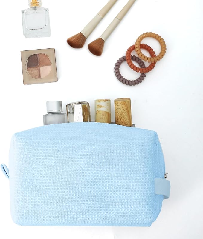 DYSHAYEN Waffle Makeup Pouch Bag, Small Travel Cosmetic Bag, Gifts for Women Bridesmaid,Wedding,Christmas (Blue)