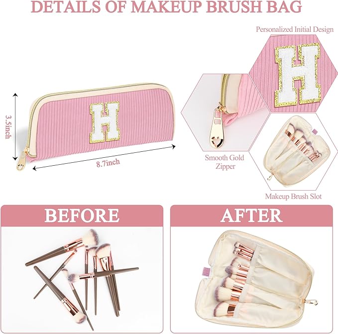 Personalized Initial Makeup Bag Trendy Stuff Corduroy Cosmetic Bag Travel Toiletry Bag for Women, Christmas/Thanksgiving/Halloween Gifts Makeup Organizer Case for Teen Girls Mom Girlfriend Wife - Pink