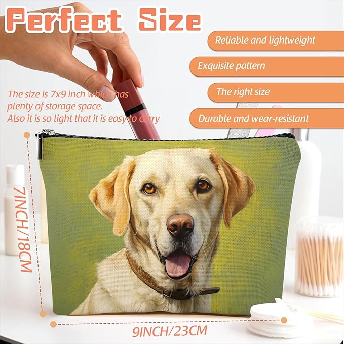 Makeup Bag Travel Cosmetic Bags Small Makeup Case Waterproof Zipper Pouch for Women Girls 7X9inches - Yellow Labrador Retriever with A Brown Collar