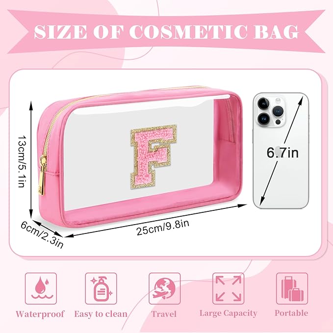 Personalized Initial Letter Clear Makeup Bag,Preppy Small Nylon&PVC Cosmetic Zipper Bag with Chenille Letter,Portable Beach Travel Skincare Toiletry Bag,Trendy Monogram Gift for Teen Girls Women,F