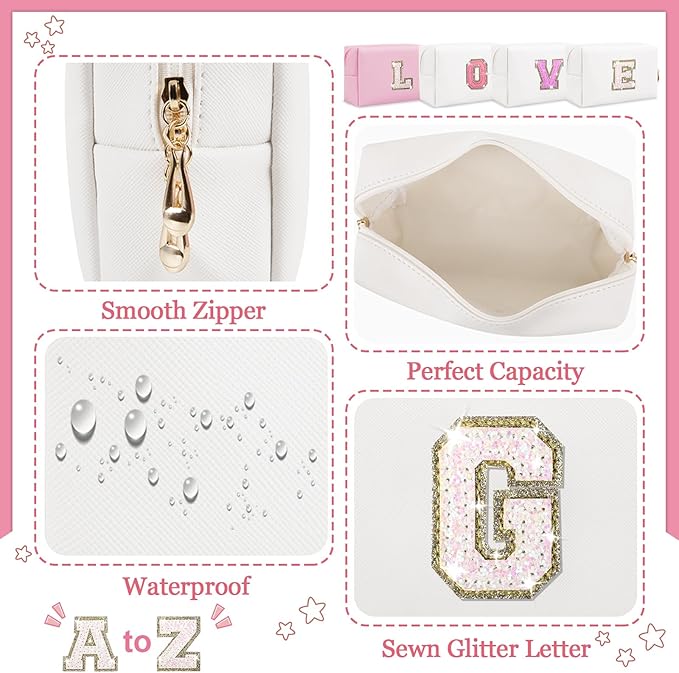Initial Letter Patch Makeup Bag, Preppy Glitter Pouch Cosmetic Bag, Small PU Travel Toiletry Bag Zipper, Personalized Monogrammed Gift for Friends, Sister, Cute Stuff for Women, Teen Girls