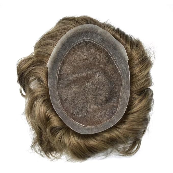 Mens Toupee Human Hair Piece French Lace Toupee for Man Hair System Indian Human Hair Replacement Systems V-Looped PU Front Hairpieces 7"X9" #1710 Dark Ash Blonde with 10% Gray