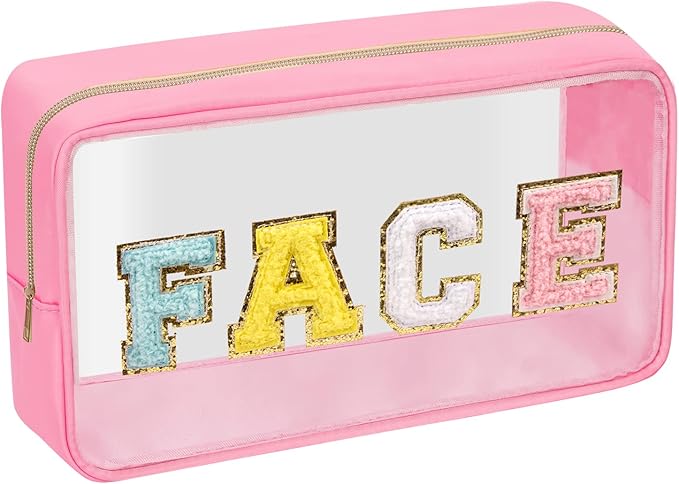 Iqimott Clear Patch Makeup Bag Face Pouch, Preppy Personalized Chenille Letter Cosmetic Pouch for Travel, Nylon Waterproof Organizer Travel Essentials Zipper Toiletry Bags for Women Girls(Pink)