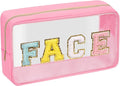 Iqimott Clear Patch Makeup Bag Face Pouch, Preppy Personalized Chenille Letter Cosmetic Pouch for Travel, Nylon Waterproof Organizer Travel Essentials Zipper Toiletry Bags for Women Girls(Pink)