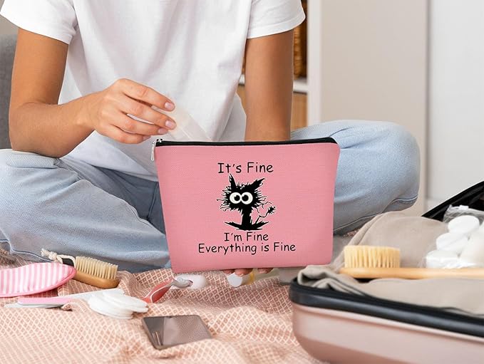 Cat Makeup bag It's Fine Everything is Fine Inspirational Funny Cat Kitten,Cosmetic Bag Zipper Travel Toiletry Bag， Gift Idea for Cat Lovers Teen Girls,Cat Owners Gifts,Birthday Gift(Pink)