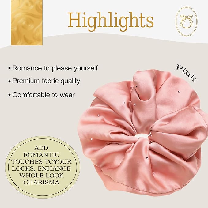 100% Mulberry Silk Scrunchies for Women Ponytail Holders – Plus Rhinestone-Embellished Design for Curly, No Damage Hair Ties for Curly, Thick, and Thin - Hair Accessories for Women(Champagne Pink)