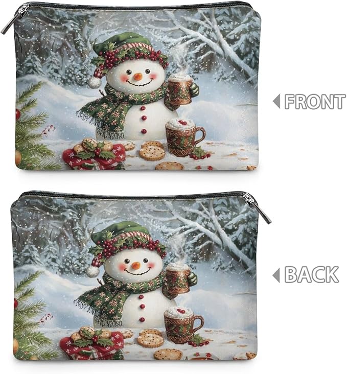 COEQINE Snowman Coffee Milk Purse Pouches for Organizing Leather Cosmetic Bag Bulk Small Pencil Pouch for Women Travel Toiletry Bag Floral Makeup Zipper Pouch for Christmas Gifts for Ladies