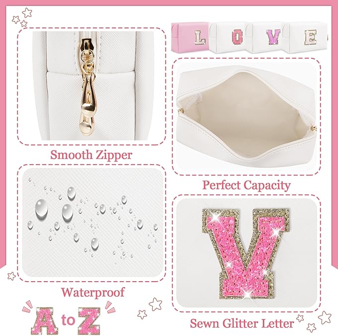 Personalized Initial Letter Patch Makeup Bag, Preppy Glitter Letter Makeup Organizer, Cute Monogrammed Pouch Cosmetic Bag PU Leather Waterproof Travel Toiletry Bag, Gift for Women Teen Girls