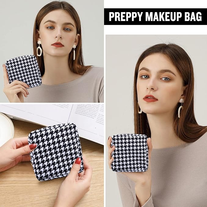 Nylon Mini Makeup Bag for Purse, Small Cute Makeup Bag Preppy Cosmetic Zipper Pouch Purse, Waterproof Travel Coin Pouch Sanitary Napkin Storage Bag Makeup Organizer for Women Girls(Black Houndstooth)