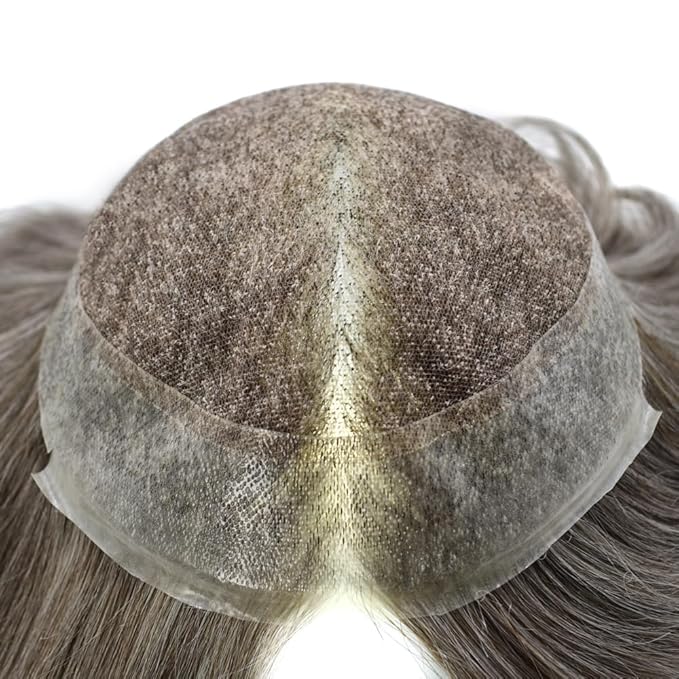 Mens Toupee Human Hair Piece French Lace Toupee for Man Hair System Indian Human Hair Replacement Systems V-Looped PU Front Hairpieces 6"X9" #260 Darkest Brown with 60% Gray