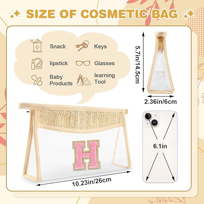 Small Boho Straw Initial Letter Makeup Bag Personalized Gift ,Cute Clear Chenille Patch Makeup Bag With Zipper,Trendy TSA Approved Travel Toiletry Bag,Gift for Women Girls Birthday Friend, Letter H
