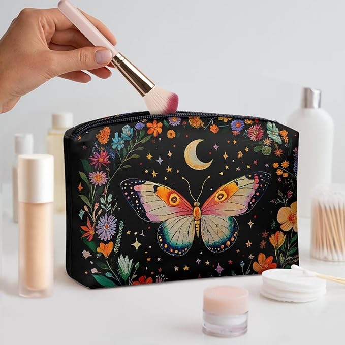 COEQINE Gothic Cosmetic Purses Leather Case for Women Trendy Butterfly Moon Goth Cosmetic Bags for Women Travel Black Floral Makeup Organizer Pouch With Zipper