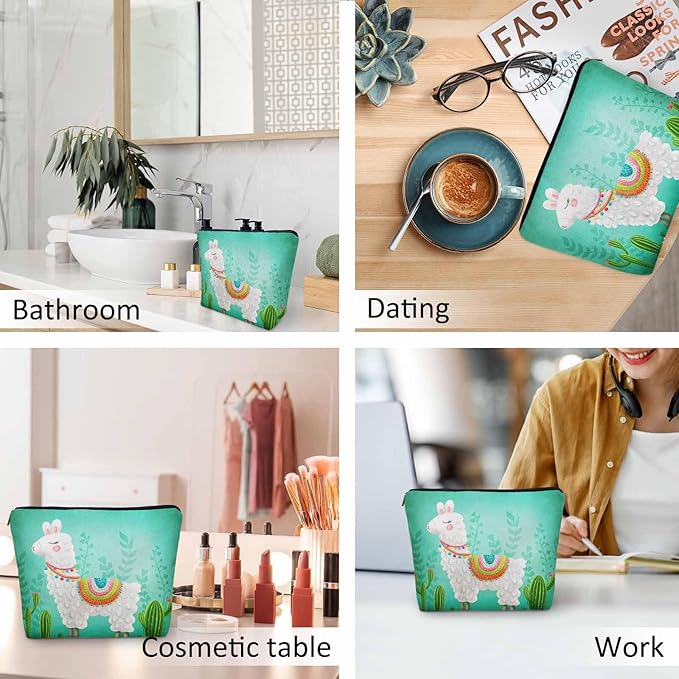 Makeup Bag Llama Makeup Bags For Purse Pouch, Funny Llama Alpaca Cactus Floral Green Travel Toiletry Bag Cosmetic Bag Makeup Bags Flax Makeup Organizer Bag Pencil Pouch For Man Woman