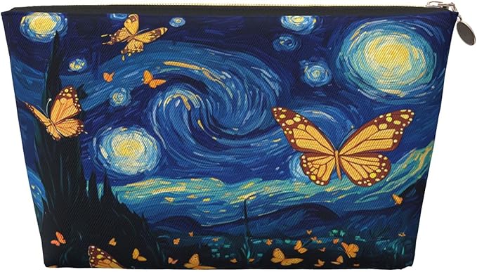 Womens Leather Makeup Bag Cosmetic Bag Travel Toiletry Bags Make Up Bags for Women Adult (Starry_Night_Butterflies)