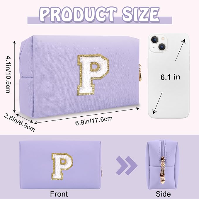 Personalized Initial Preppy Makeup Bag Organizer, Small Purple Cosmetic Bag Travel Toiletry Zipper Pouch for Purse, Portable Waterproof PU Monogram Make Up Case Party Gifts for Women Friends(Letter P)