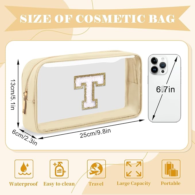 Personalized Initial Letter Clear Makeup Bag,Preppy Small Nylon&PVC Cosmetic Zipper Bag with Chenille Letter,Portable Beach Travel Skincare Toiletry Bag,Trendy Monogram Gift for Teen Girls Women,T