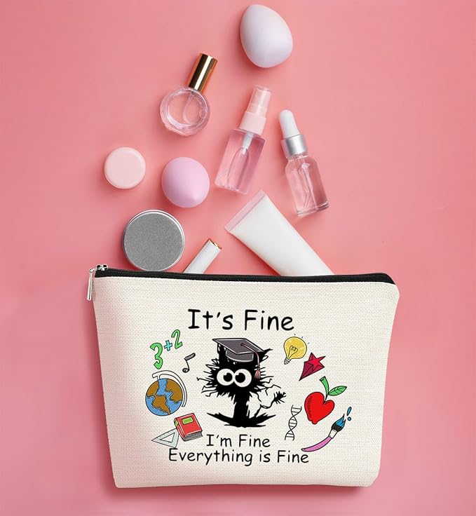It's Fine Everything is Fine Cat Makeup Bag for Teen Girl Women,Cosmetic Bag Zipper Travel Toiletry Bag Best Gift Idea for Cat Lovers Teen Girls,Cat Owners Gifts,Birthday Gift,Graduation Gifts 2024