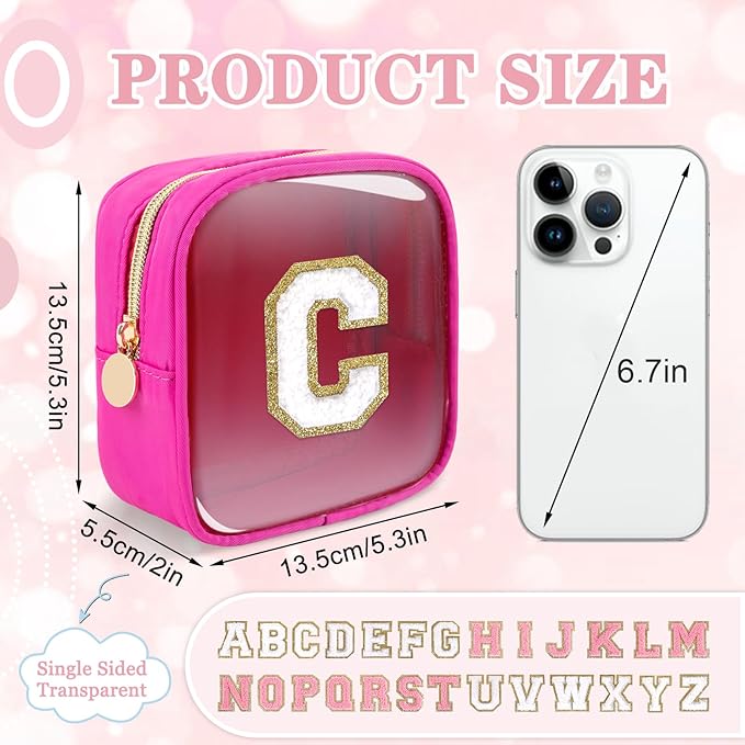 Mini Clear Personalized Initial Makeup Bag,Nylon Preppy A-Z Chenille Letter Patch Zipper Cosmetic Bag, Small Cute Beach Pouch Travel Purse Sanitary Napkin Storage Bag for Women Girls(Hot Pink-White G)