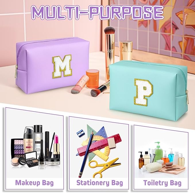TOPEAST Initial Makeup Bags for Women, Cute Makeup Pouch, Waterproof Travel Toiletry Bag, Personalized Gifts for Girlfriend Wife on Valentine's Day Anniversary, Preppy Stuff Gift for Girl (Purple W)