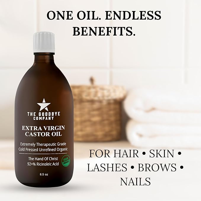 The Goodbye Company Organic Cold-Pressed Castor Oil - 8.5 oz Glass Bottle, Hexane-Free, Extra Virgin, Small Batch Family Farm Ethically Sourced for Hair Growth, Skin Care, Lashes, Brows & Castor Oil
