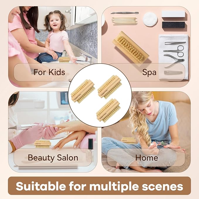 Bamboo Nail Brush- 3PCS Wooden Firm Nail Brush for Cleaning Fingernails,Two-Side Nail Scrubber Brush for Cleaning Under Nails