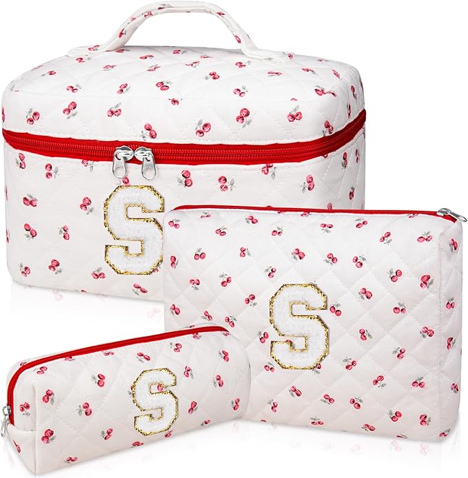 Initial Makeup Bag Set, Personalized Quilted Makeup Bag, Large Floral Cosmetic Bag for Women, Cute Cotton Custom Make up Bags, Flower Travel Toiletry Bag Teen Girl Gift Trendy Stuff Gift Red Cherry S