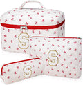 Initial Makeup Bag Set, Personalized Quilted Makeup Bag, Large Floral Cosmetic Bag for Women, Cute Cotton Custom Make up Bags, Flower Travel Toiletry Bag Teen Girl Gift Trendy Stuff Gift Red Cherry S