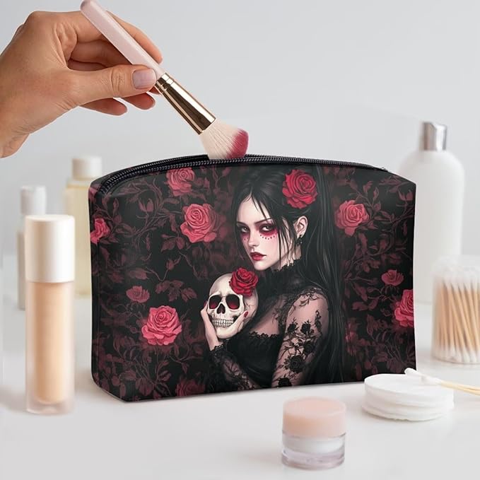 COEQINE Gothic Cosmetic Wallet for Women With Phone Holder Purse Cosmetic Handbag With Soft Leather Cosmetic Case With Zipper for Travel Portable Red Skull Print Cell Phone Purse,Love Gift for Her