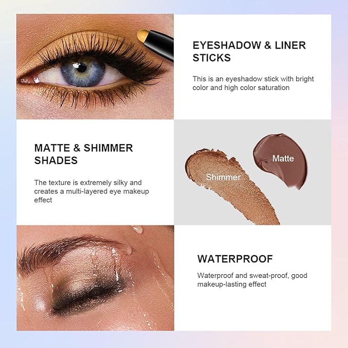 CHIFURE Eyeshadow Stick, Shimmer and Matte Cream Eye Shadow Brightener Sticks Eyeliner Pencil Crayon, Waterproof Long Lasting Eye Highlighter Stick Makeup,0.056 Oz(#1-Caramel)
