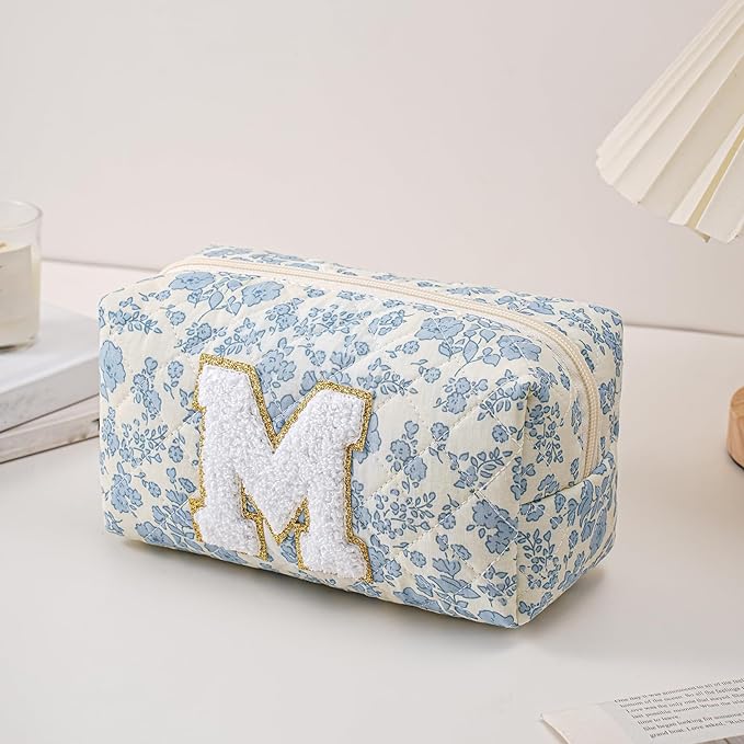 JOVAKIT Makeup Bag Cosmetic Bags for Women, Christmas Gifts for Girls Age 6-18, Alphabet Pink Floral Coquette Zipper Travel Makeup Pouch, Organizer Case Trendy Stuff (Pink+ Blue M)