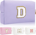 Iqimott Personalized Initial Letter Patch Makeup Bag, Preppy Small Chenille Letter Cosmetic Bag with Zipper, PU Leather Waterproof Travel Toiletry Bag Monogram Make Up Pouch for Women Girls(Letter D)
