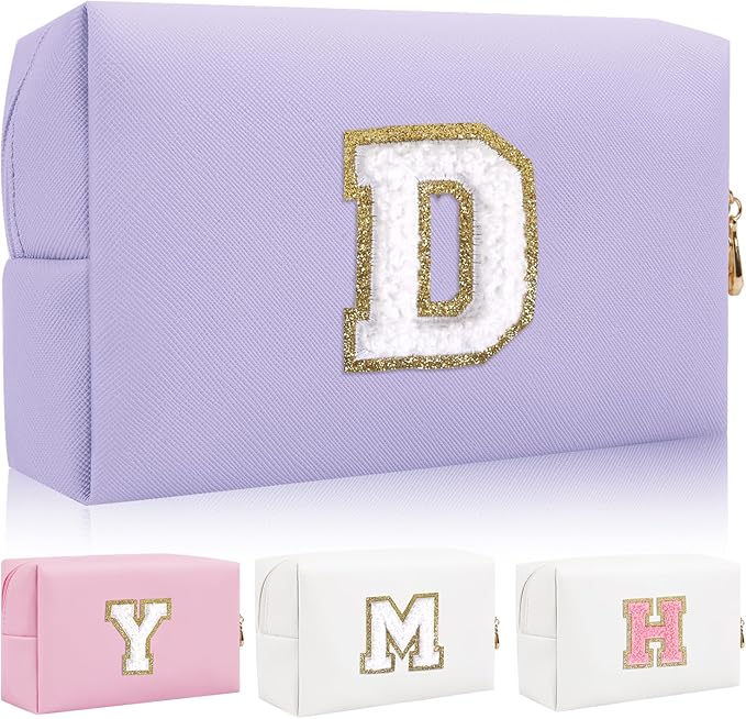 Iqimott Personalized Initial Letter Patch Makeup Bag, Preppy Small Chenille Letter Cosmetic Bag with Zipper, PU Leather Waterproof Travel Toiletry Bag Monogram Make Up Pouch for Women Girls(Letter D)
