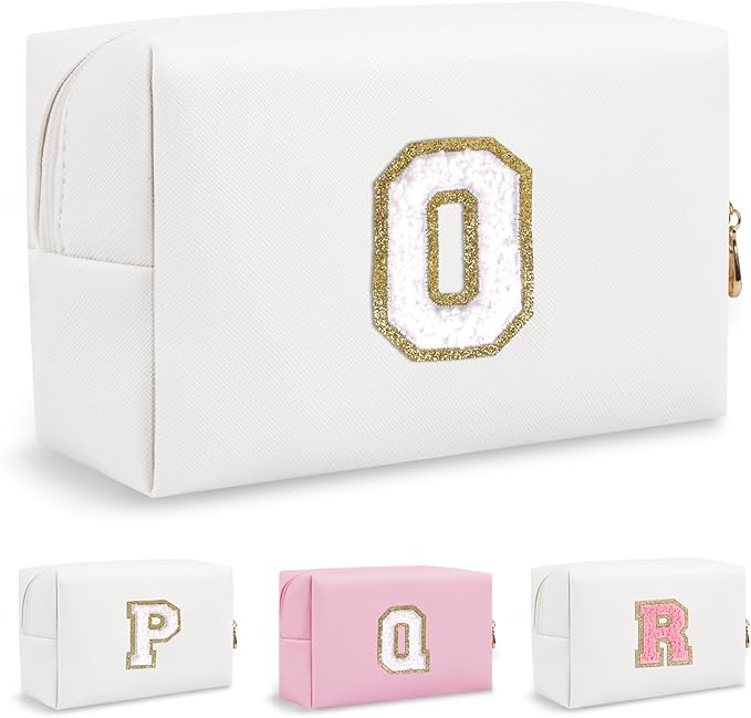 Small Cute Initial Preppy Makeup Bag, Personalized Cosmetic Zipper Pouch Toiletry Bags for Traveling, Waterproof PU Chenille Letter Makeup Case Organizer Travel Essentials for Women Girl(Letter O)
