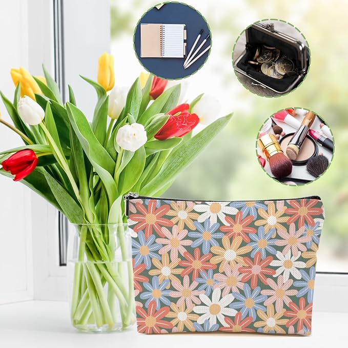 Vintage Daisy Flowers Makeup Bag Floral Cosmetic Bag Friend Friendship Gifts for Women Girls Sister Coworker Daughter Botanical Travel Organizer Zipper Pouch Christmas Thanksgiving Birthday Gifts