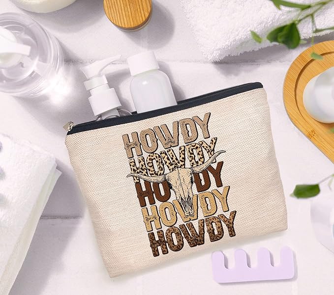 IWXYI Retro Western Leopard Cow Skull Howdy Decor Makeup Bag,Vintage Western Cowboy Howdy Women'S Make up Bag Zipper Pouch Travel Toiletry Gifts For Women Teenage Girls Girl