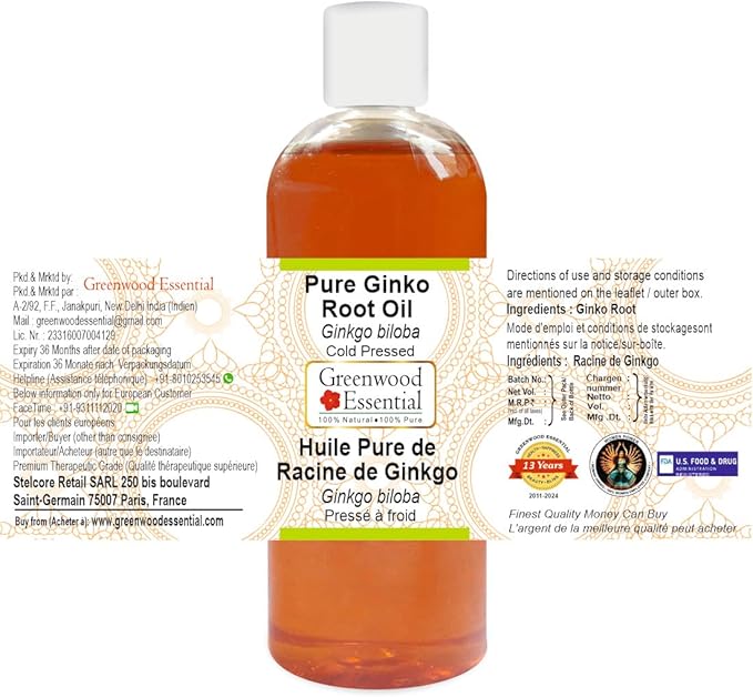 Greenwood Essential Pure Ginko Root Oil (Ginkgo biloba) with Glass Dropper Cold Pressed (Pack of Two) 100ml X 2 (6.76 oz)