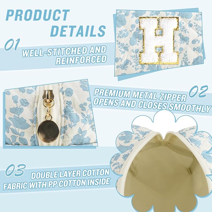 Personalized Quilted Cosmetic Bag, Puffy Monogrammed Christmas Birthday Gifts for Women & Girls, Cute initial Floral Makeup Bag Puffer Coquette Bag, Aesthetic Travel Toiletry Zipper Pouch(Blue,H)