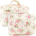 2Pcs Cotton Quilted Makeup Bag for Women Extra Large Small Travel Cosmetic Bag Set Cute Pink Floral Print Makeup Pouch Portable Toiletry Bag Organizer Coquette Vintage Puffy Travel Essential