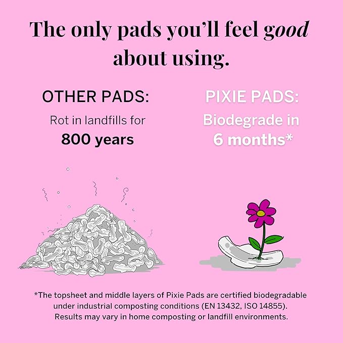 Pixie Organic Cotton Mini Pads with Wings for Women & Teens - Ultra Thin, Light Absorbency Menstrual Pads - Hypoallergenic, Unscented & Biodegradable for Feminine Care - 16 Count