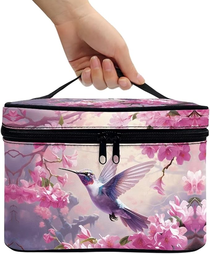 JoyLamoria Cosmetic Bag Toiletry Bag Zipper Closure Makeup Bag Travel Case, Cherry Blossoms Bird