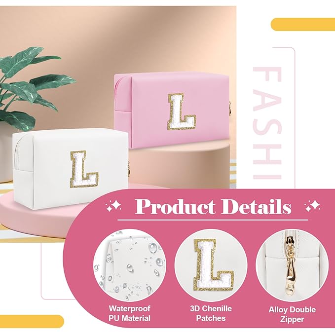 Small Personalized Initial A-Z Preppy Patch Makeup Bag,White PU Chenille Letter Travel Cosmetic Pouch with Zipper,Cute Toiletry Bag,Gift Ideal for Teen Girls Women Teacher Bridesmaid,Letter L