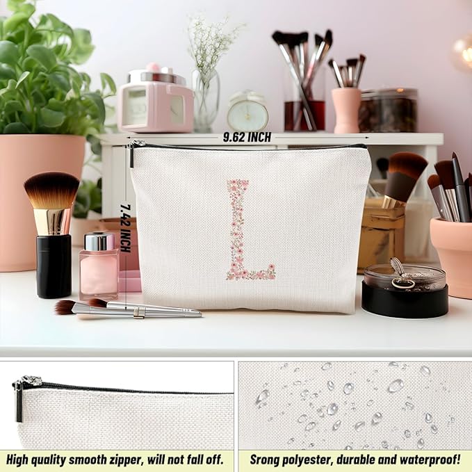 Initial Makeup Bag Floral L Personalized Cosmetic Bag Monogrammed Gifts for Women Girls Aunt Bridesmaid Monogram Zipper Pouch for Teacher Appreciation Mothers Day Birthday Wedding Bridal Shower Gifts