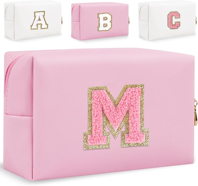 Small Personalized Glitter Initial Letter Makeup Bag, Cute PU Leather Chenille Letters Cosmetic Bag Travel Makeup Pouch, Preppy Travel Organizer Zipper Pouch for Women&Girls（PinkPink-M）