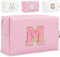 Small Personalized Glitter Initial Letter Makeup Bag, Cute PU Leather Chenille Letters Cosmetic Bag Travel Makeup Pouch, Preppy Travel Organizer Zipper Pouch for Women&Girls（PinkPink-M）