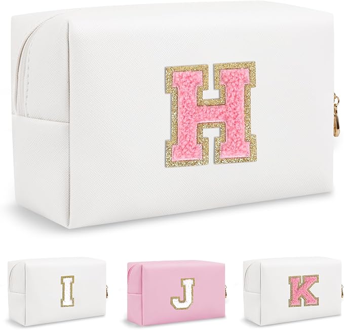 Personalized Chenille Letter Preppy Makeup Bag, Small White Travel Cosmetic Bag Initial Toiletry Zipper Pouch Monogram Makeup Storage, Waterproof Makeup Storage Travel Essentials for Female(Letter H)