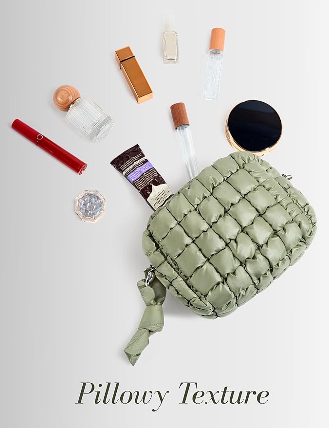 Yarnic Quilted Makeup Bag Cosmetic Bag, Small Puffer Makeup Pouch Soft Puffered Make up Pocket Travel Toiletry Bag for Women, Cute Makeup Bag Organizer (S, Sage Green)