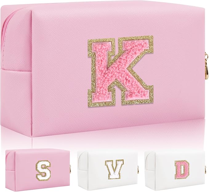 Iqimott Personalized Initial Letter Patch Makeup Bag, Preppy Small Chenille Letter Cosmetic Bag with Zipper, PU Leather Waterproof Travel Toiletry Bag Monogram Make Up Pouch for Women Girls(Letter K)
