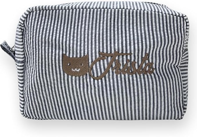 Custom Makeup Bag Personalized Cosmetic Bag Cute Seersucker Travel Toiletry Bag for Women Embroidered Bag Organizer for Bride Makeup Bag Gift Balck